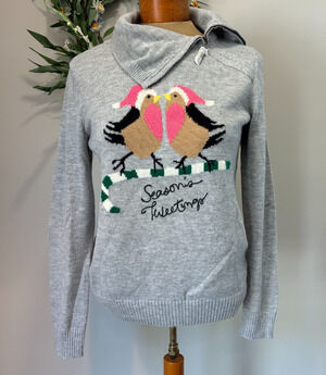 Talbots Lambswool Blend Gray Sweater Seasons Tweetings Birds, Petite Medium, NWT